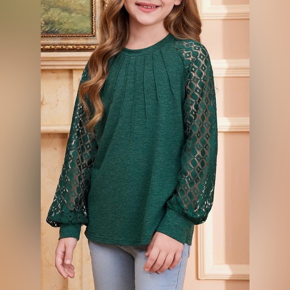 Blibean Green Lace Sleeve Top | Girls Size 8-9 | Long Sleeve Boutique Blouse - Picture 1 of 9